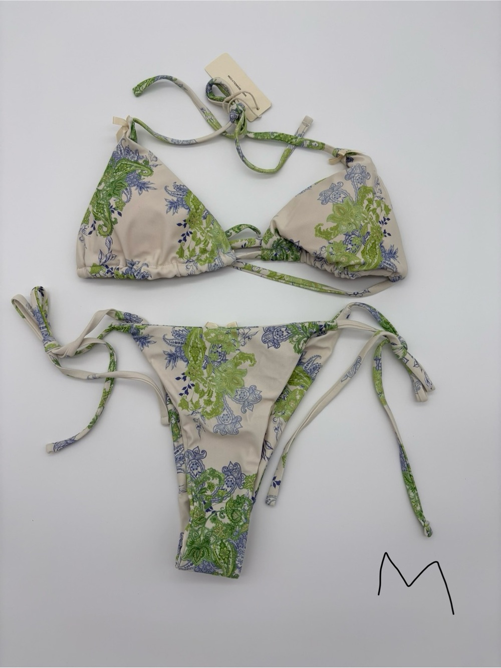 Floral Tie-Side Bikini Set in Beige and Green NWT